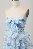 Strapless branco azul flor A-line tiered curto Homecoming Dress com arco