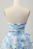 Strapless branco azul flor A-line tiered curto Homecoming Dress com arco