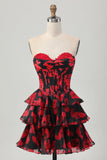 Preto Vermelho Floral A-line Sweetheart Tiered Corset Short Homecoming Dress