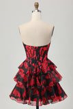 Preto Vermelho Floral A-line Sweetheart Tiered Corset Short Homecoming Dress