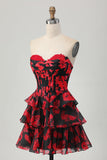 Preto Vermelho Floral A-line Sweetheart Tiered Corset Short Homecoming Dress