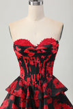 Preto Vermelho Floral A-line Sweetheart Tiered Corset Short Homecoming Dress