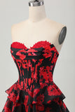 Preto Vermelho Floral A-line Sweetheart Tiered Corset Short Homecoming Dress