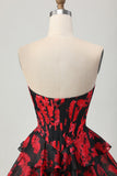 Preto Vermelho Floral A-line Sweetheart Tiered Corset Short Homecoming Dress
