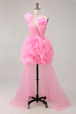 Hot Pink A Line One Shoulder Ruffled Vestido Curto Homecoming
