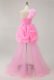 Hot Pink A Line One Shoulder Ruffled Vestido Curto Homecoming