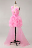 Hot Pink A Line One Shoulder Ruffled Vestido Curto Homecoming