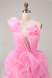 Hot Pink A Line One Shoulder Ruffled Vestido Curto Homecoming