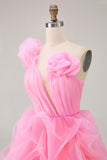 Hot Pink A Line One Shoulder Ruffled Vestido Curto Homecoming