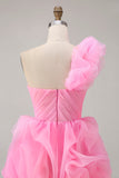 Hot Pink A Line One Shoulder Ruffled Vestido Curto Homecoming