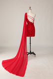 Lantejoulas brilhantes Um ombro cortado para fora apertado curto vermelho Homecoming vestido com Streamer