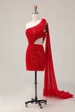 Lantejoulas brilhantes Um ombro cortado para fora apertado curto vermelho Homecoming vestido com Streamer