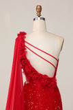 Lantejoulas brilhantes Um ombro cortado para fora apertado curto vermelho Homecoming vestido com Streamer