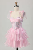 Cintas cor-de-rosa brilhantes Bow Corset Tiered Beaded Homecoming Dress
