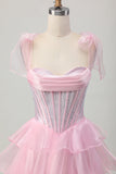 Cintas cor-de-rosa brilhantes Bow Corset Tiered Beaded Homecoming Dress