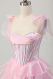 Cintas cor-de-rosa brilhantes Bow Corset Tiered Beaded Homecoming Dress