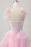 Cintas cor-de-rosa brilhantes Bow Corset Tiered Beaded Homecoming Dress