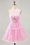 Glitter Halter Cut out Rosa babado A-Line Homecoming Dress