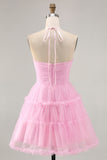 Glitter Halter Cut out Rosa babado A-Line Homecoming Dress