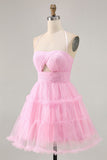 Glitter Halter Cut out Rosa babado A-Line Homecoming Dress