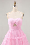 Glitter Halter Cut out Rosa babado A-Line Homecoming Dress