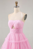 Glitter Halter Cut out Rosa babado A-Line Homecoming Dress