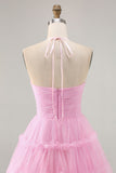 Glitter Halter Cut out Rosa babado A-Line Homecoming Dress