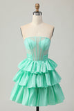 Red Strapless A-line Tiered Corset frisado curto Homecoming Dress com arco