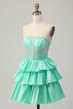 Red Strapless A-line Tiered Corset frisado curto Homecoming Dress com arco