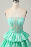 Red Strapless A-line Tiered Corset frisado curto Homecoming Dress com arco