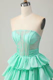 Red Strapless A-line Tiered Corset frisado curto Homecoming Dress com arco