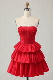 Red Strapless A-line Tiered Corset frisado curto Homecoming Dress com arco