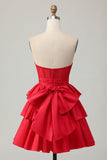 Red Strapless A-line Tiered Corset frisado curto Homecoming Dress com arco