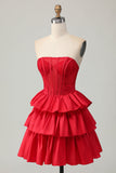 Red Strapless A-line Tiered Corset frisado curto Homecoming Dress com arco