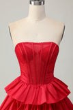 Red Strapless A-line Tiered Corset frisado curto Homecoming Dress com arco