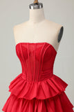 Red Strapless A-line Tiered Corset frisado curto Homecoming Dress com arco
