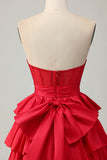 Red Strapless A-line Tiered Corset frisado curto Homecoming Dress com arco
