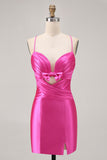 Fuchsia cortado plissado apertado Homecoming vestido com arco