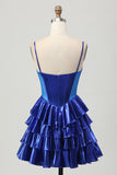 Metalizado A-line Tiered Corset Short Homecoming Dress com laços