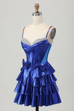 Metalizado A-line Tiered Corset Short Homecoming Dress com laços
