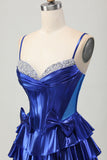 Metalizado A-line Tiered Corset Short Homecoming Dress com laços