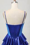 Metalizado A-line Tiered Corset Short Homecoming Dress com laços
