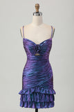 Bodycon roxo azul metálico cortado para fora babado Homecoming Dress