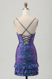 Bodycon roxo azul metálico cortado para fora babado Homecoming Dress