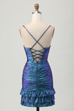 Blue roxo Ruched Cut out babados metálicos Homecoming Dress