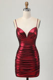 Cintas Metálicas Brilhantes Borgonha Esparguete Apertado Ruched Short Homecoming Dress