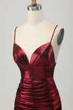 Cintas Metálicas Brilhantes Borgonha Esparguete Apertado Ruched Short Homecoming Dress