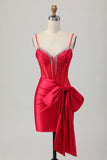 Red Bodycon Corset Ruched frisado vestido curto Homecoming com arco