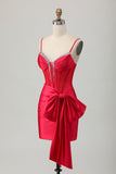 Red Bodycon Corset Ruched frisado vestido curto Homecoming com arco