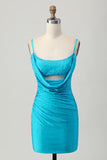 Blue Bodycon Cut out Vestido Curto Homecoming com Missangas